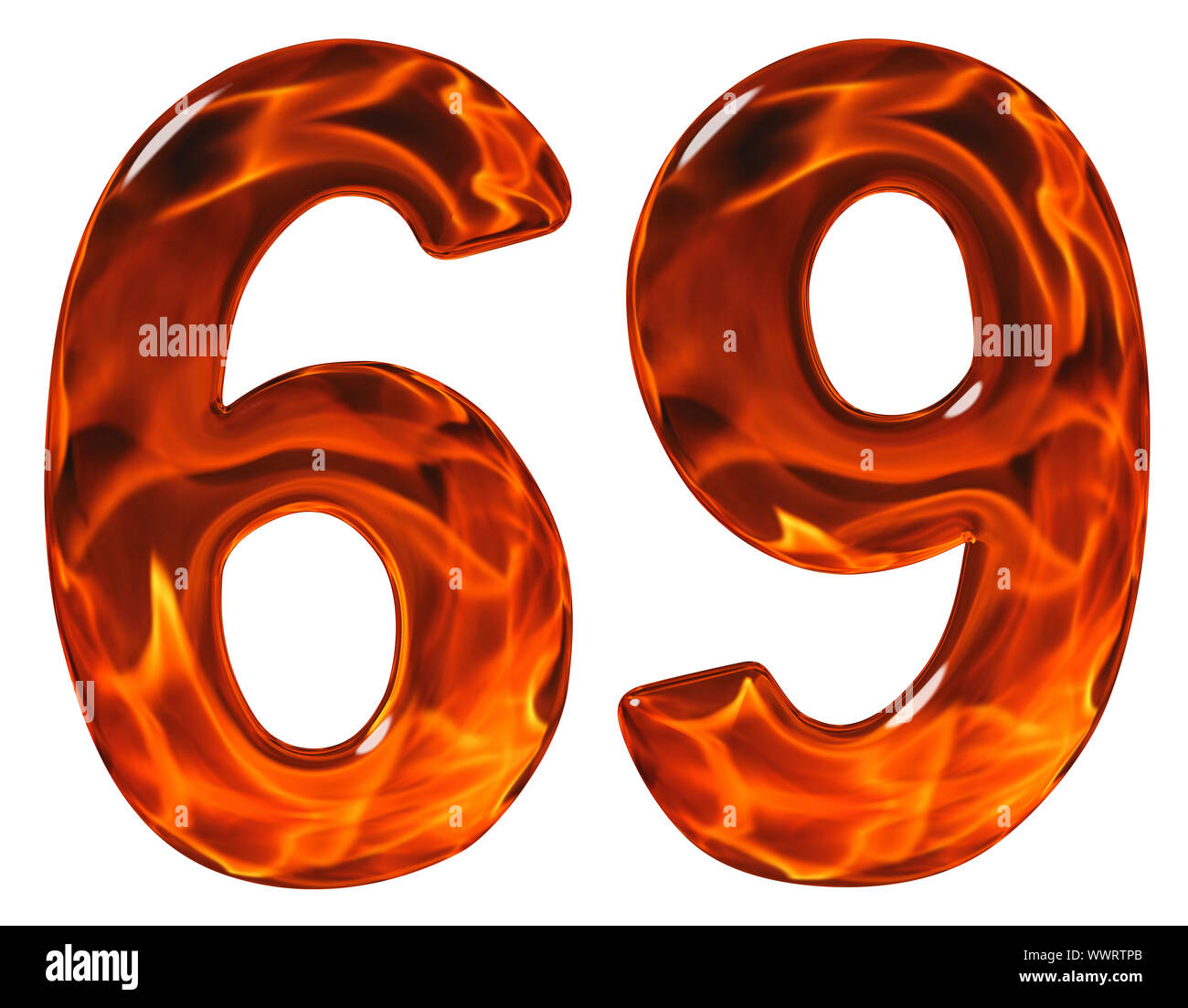 69, soixante-neuf, le chiffre, l'imitation en verre et un feu ardent, isolé sur fond blanc Banque D'Images