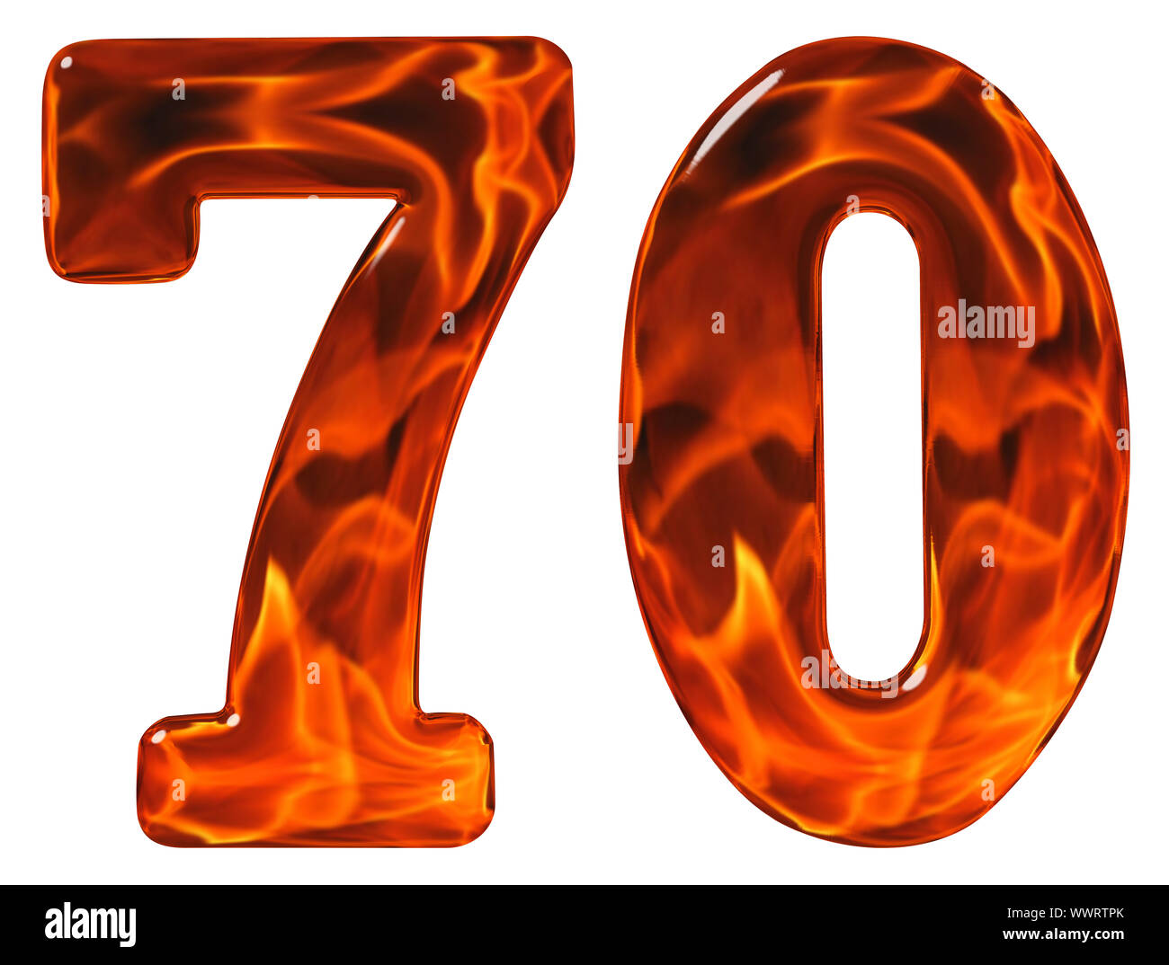 70, 70, chiffre, l'imitation en verre et un feu ardent, isolé sur fond blanc Banque D'Images