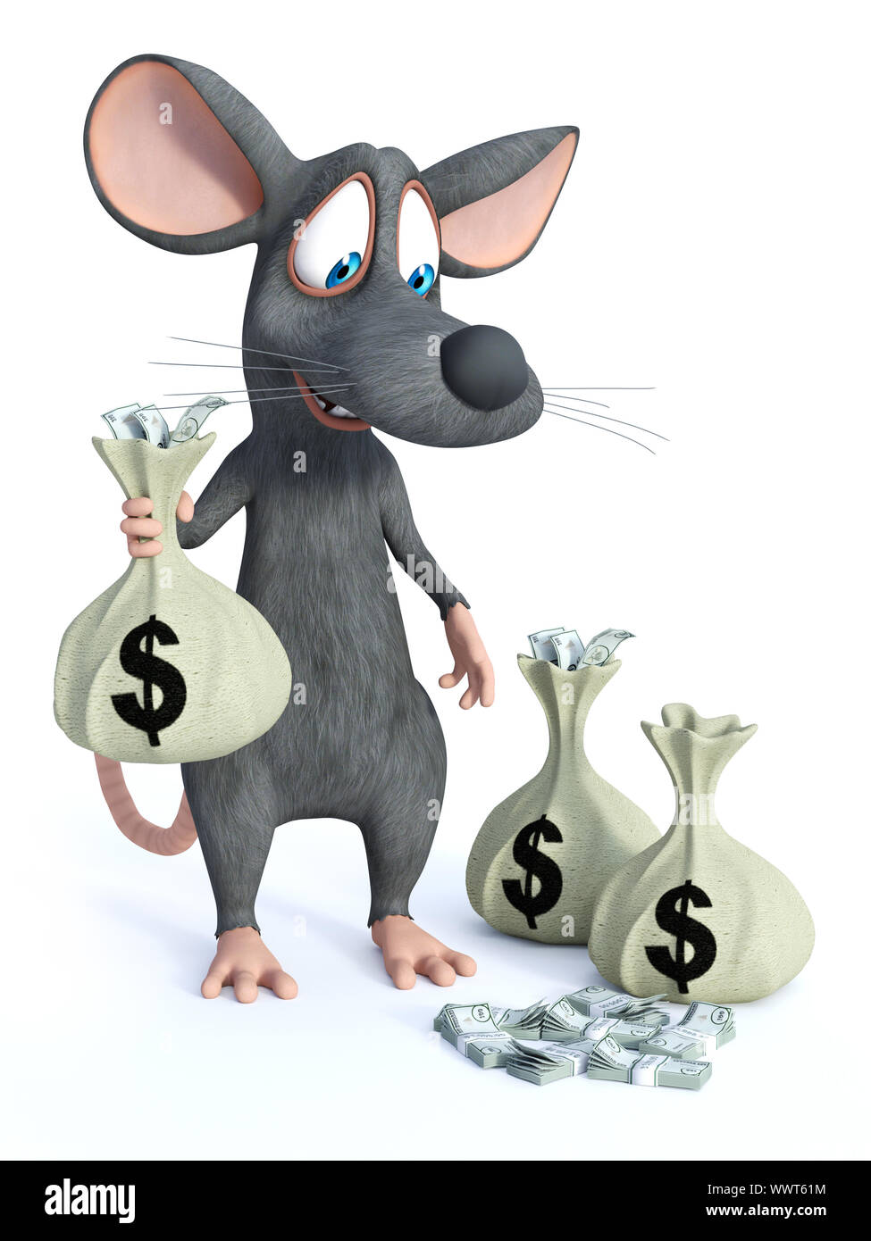 Le rendu 3D d'un sourire mignon cartoon souris debout et tenant un sac d'argent dans sa main et en regardant tout l'argent de l'étage. Arrière-plan blanc. Banque D'Images