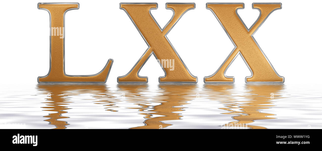 Le chiffre romain LXX, septuaginta, 70, 70, reflétée sur la surface de l'eau, isolé sur blanc, 3D render Banque D'Images