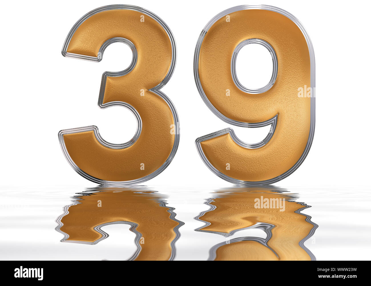 Chiffre 39, trente neuf, reflétée sur la surface de l'eau, isolé sur blanc, 3D render Banque D'Images