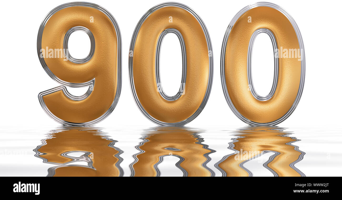 900, chiffre neuf cent, reflétée sur la surface de l'eau, isolé sur blanc, 3D render Banque D'Images