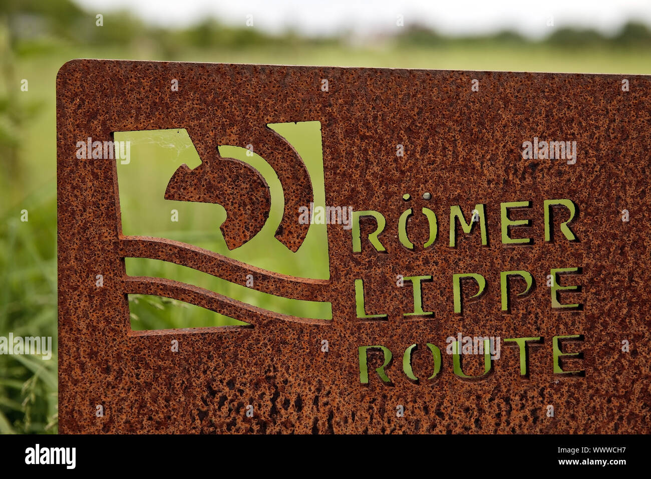 Sentier de vélo logo Route Lippe romain, Dorsten, Ruhr, Nordrhein-Westfalen, Germany, Europe Banque D'Images