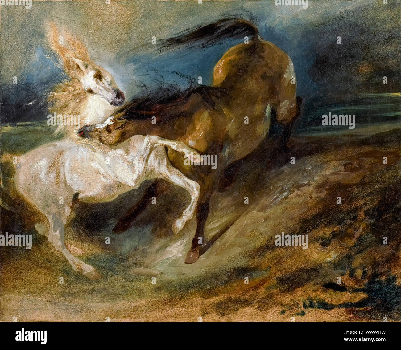 Eugène Delacroix, deux chevaux de combats dans un paysage orageux, peinture, vers 1828 Banque D'Images