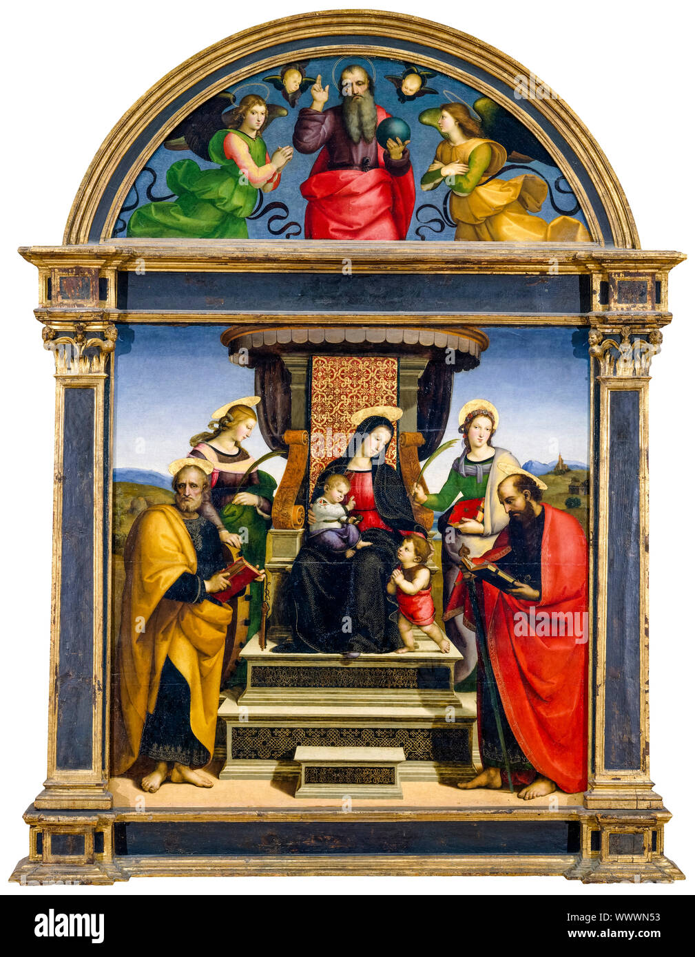 Raphaël, la Vierge et l'enfant, ont intronisé avec les Saints, peinture, vers 1504 Banque D'Images