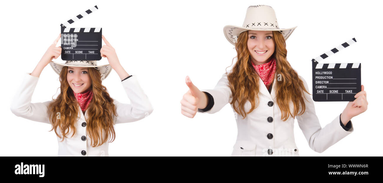 Jeune cowgirl avec film board isolated on white Banque D'Images