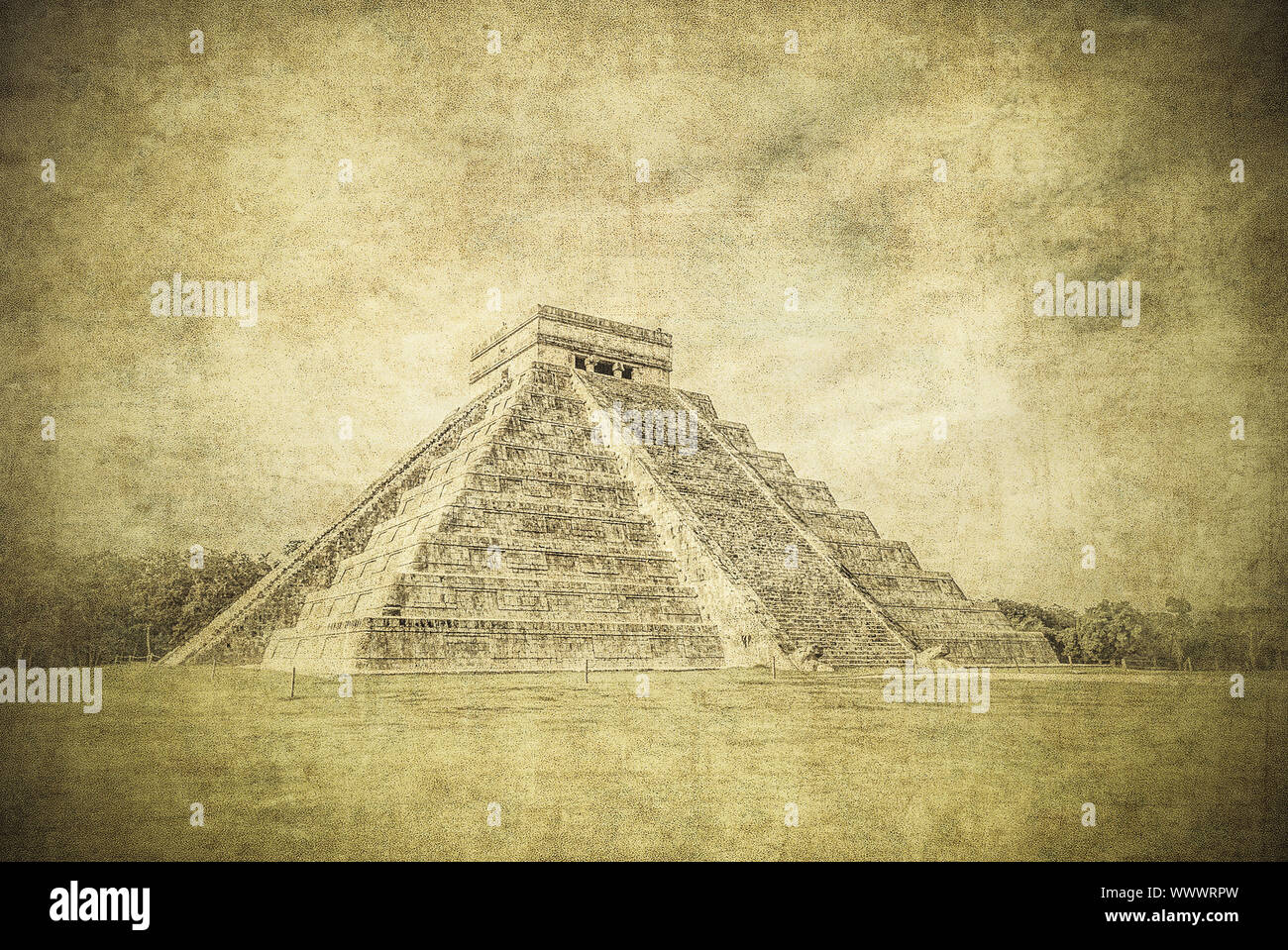 Image vintage d'El Castillo ou Temple de la pyramide Kukulkan, Chichen Itza, Yucatan, Mexique Banque D'Images