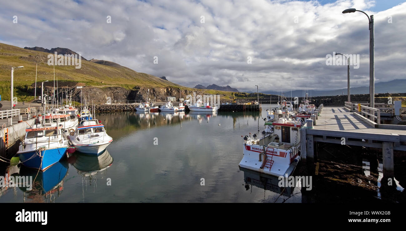 Coupeuses de pêche dans le port, Borgarfjoerdur, est de l'Islande, Islande, Europe Banque D'Images