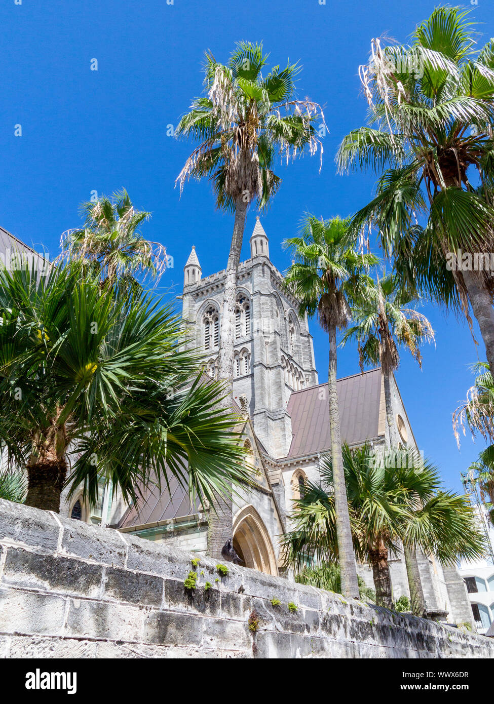 Cathédrale de la Sainte Trinité les Bermudes avec des palmiers au premier plan Banque D'Images