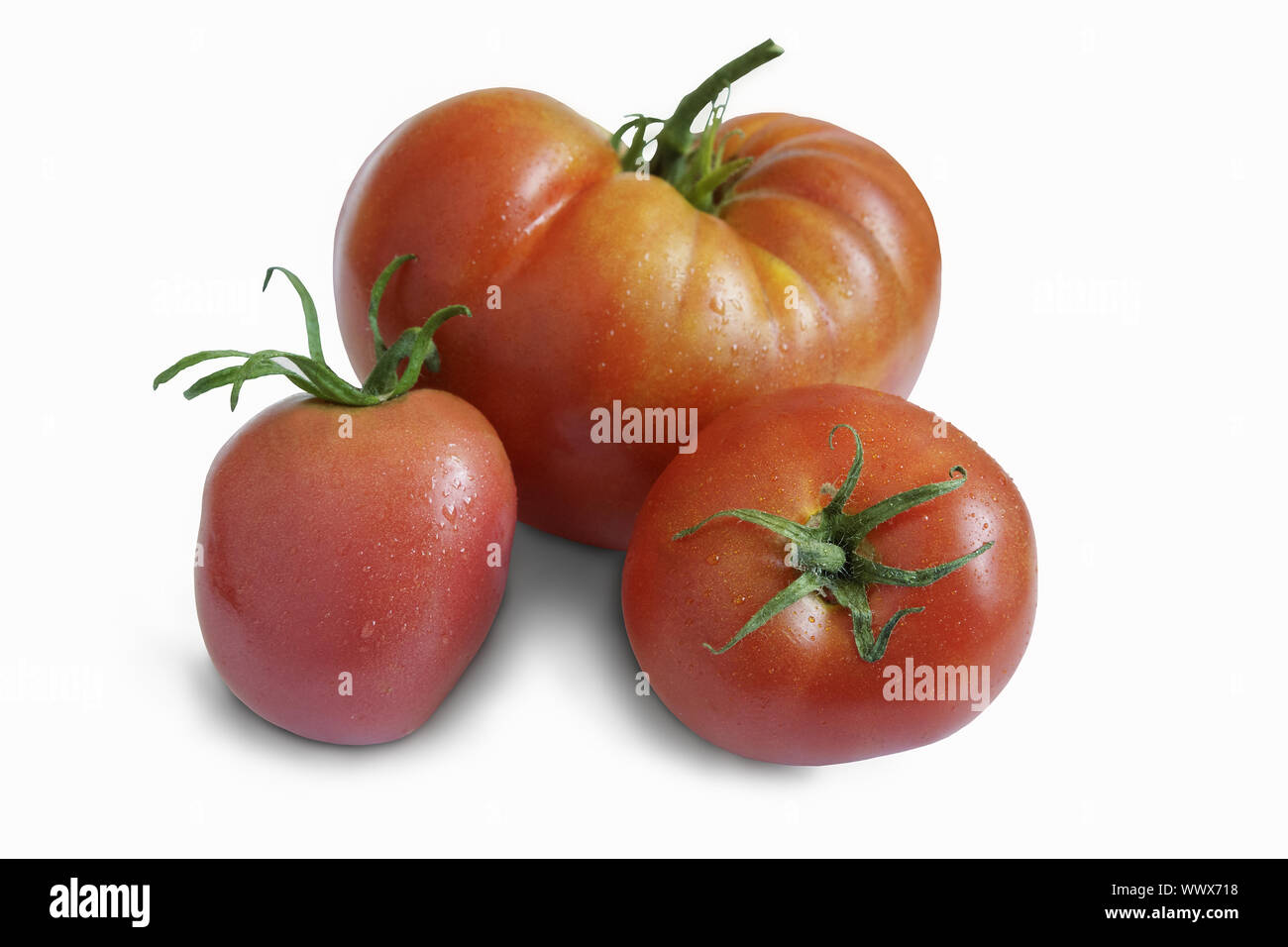 3 tomates mûres sur un fond blanc Banque D'Images