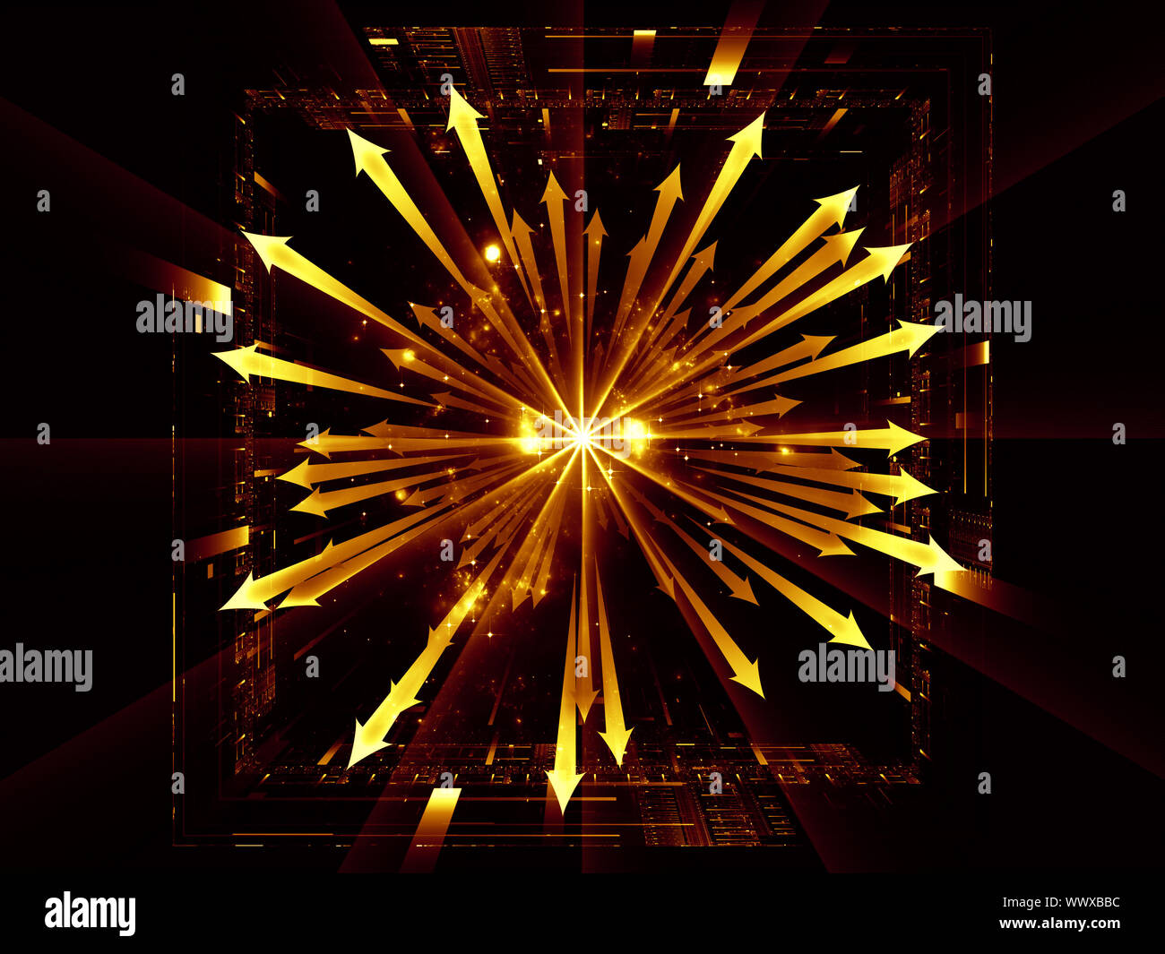 Jeu des flèches, des grilles de perspective géométrique, de lumières et de nébuleuses fractale sur le sujet des nouvelles technologies, la croissance explosive, la physique théorique Banque D'Images