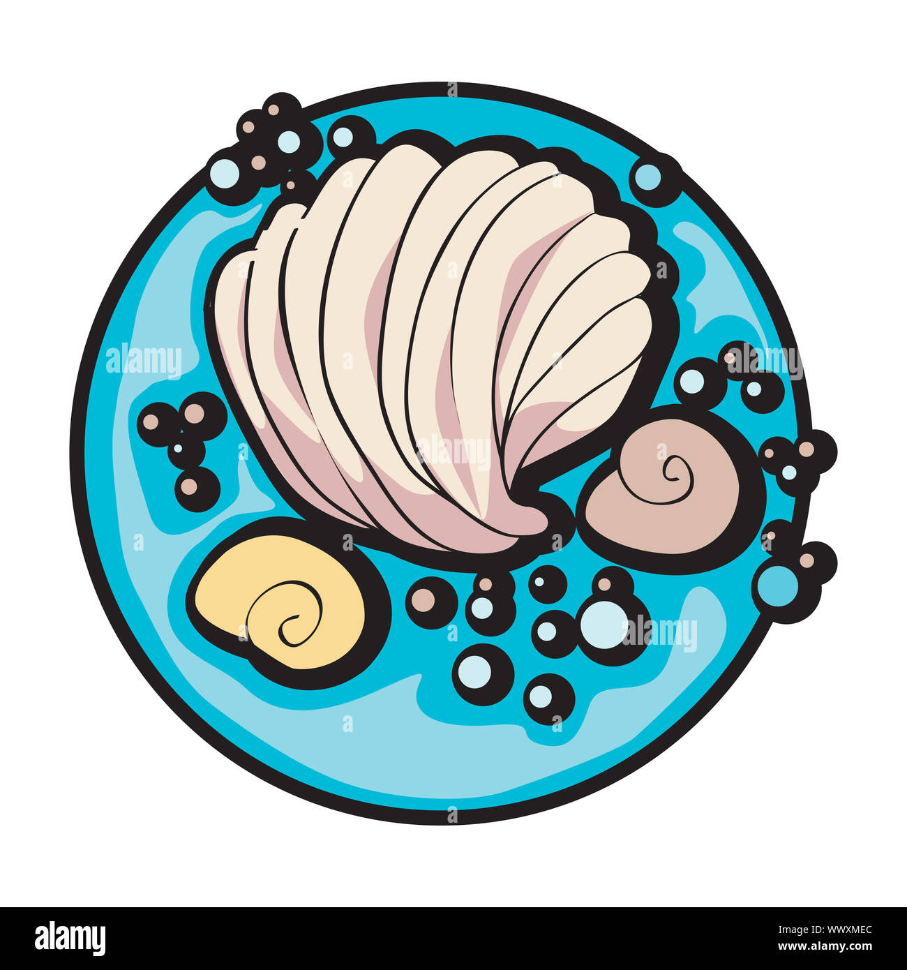 Illustration graphique dessiné à la main d'une coquille et certains escargots sous la mer, clip art isolated on white Banque D'Images