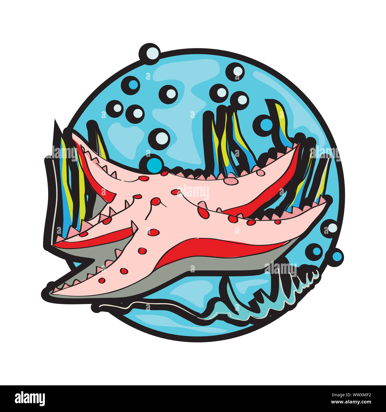 Illustration graphique dessiné à la main de l'étoile de mer sous la mer, clip art isolated on white Banque D'Images