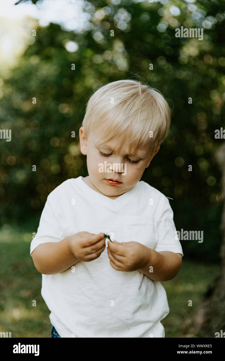 Cute Adorable petite blonde aux yeux bleus, cheveux garçon enfant Tee Shirt blanc en jouant et découvrir de nouvelles choses à l'extérieur dans la nature dans le parc à l'été Banque D'Images