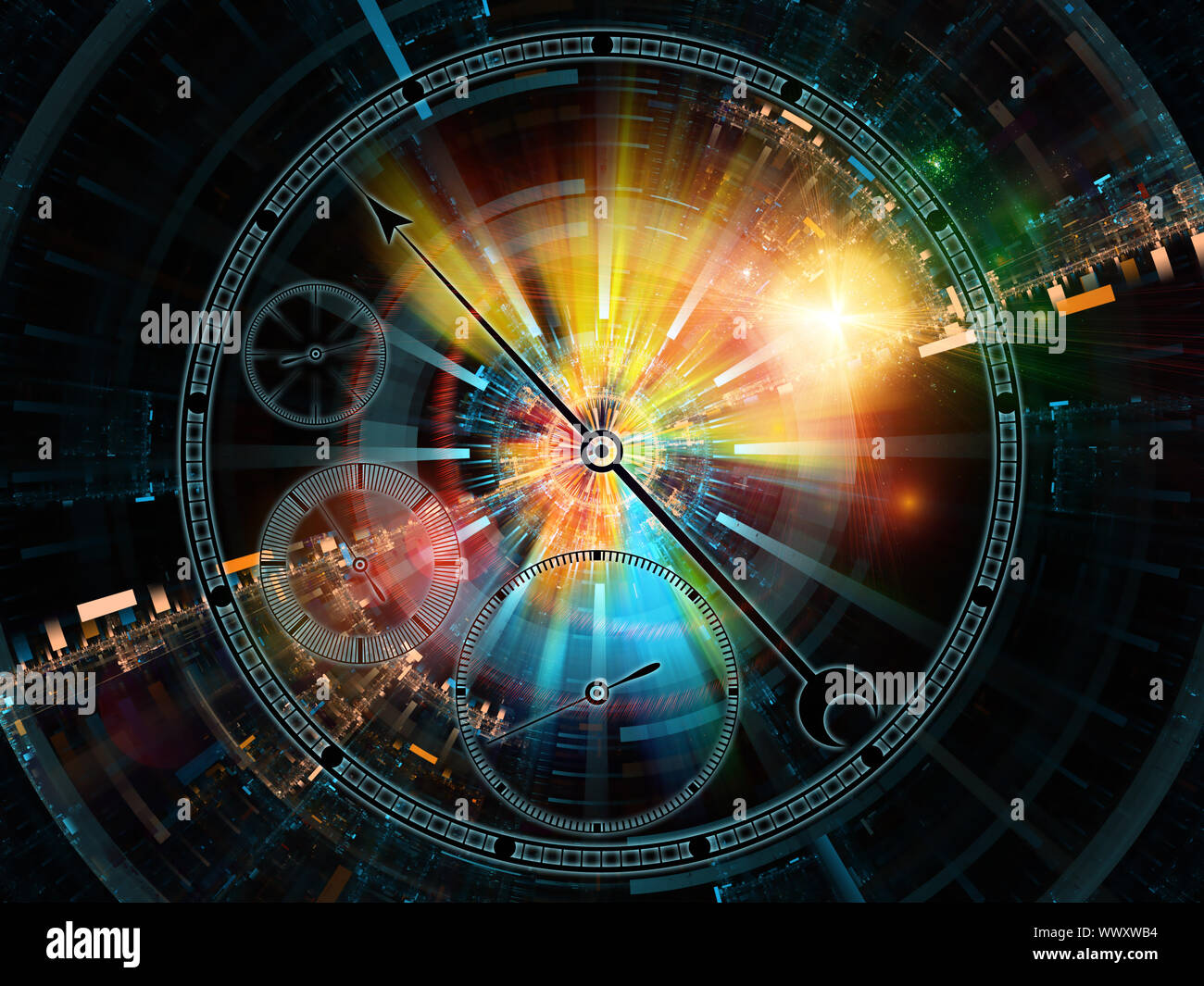 Interaction de chronomètre cadran et résumé des éléments de conception sur la question de la technologie, de la science, de passage du temps, passé, présent et avenir Banque D'Images