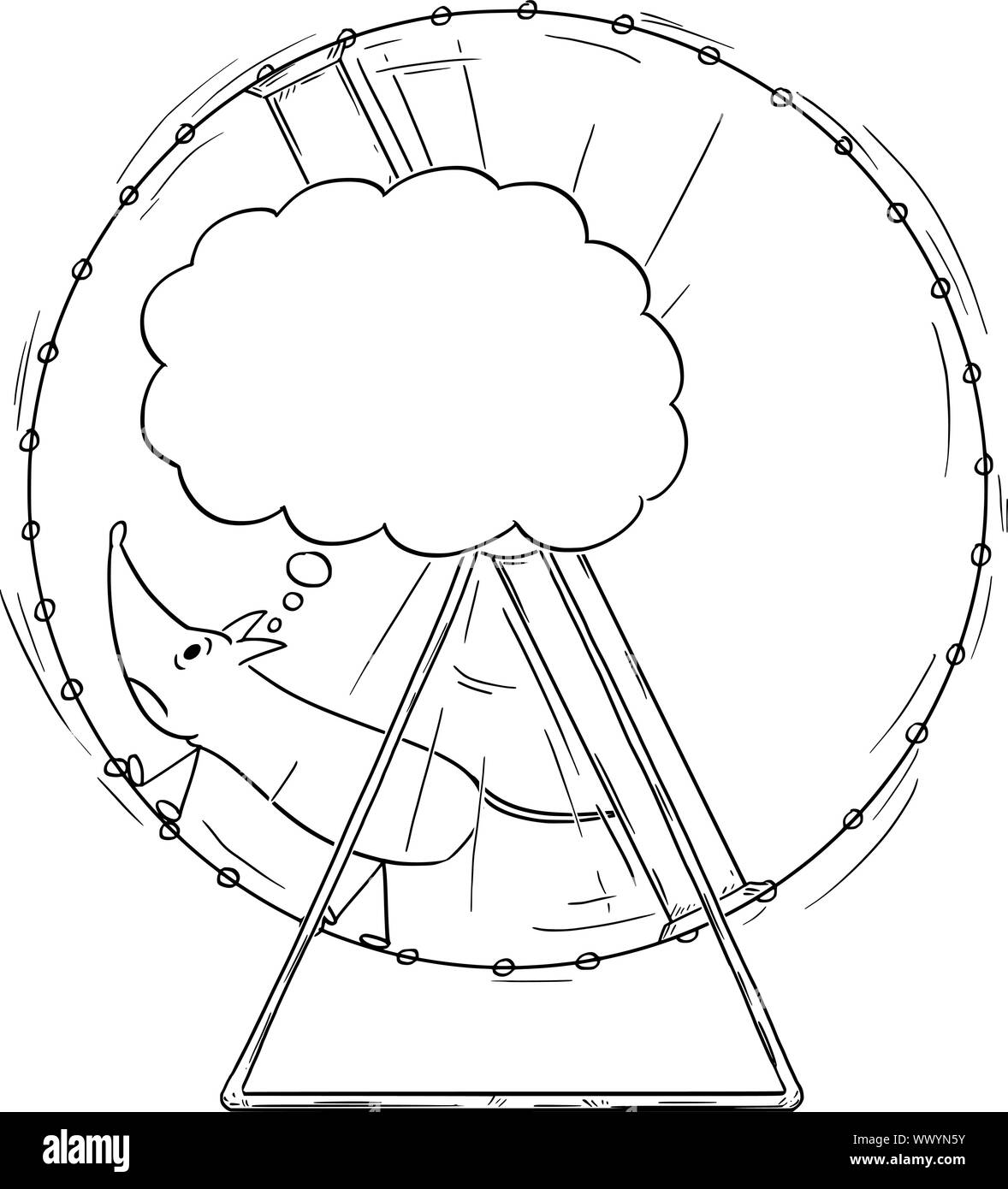 Vector illustration conceptuelle de dessin animé de frustrés de la souris s'exécutant dans la roue avec bulle vide pour votre texte. Illustration de Vecteur