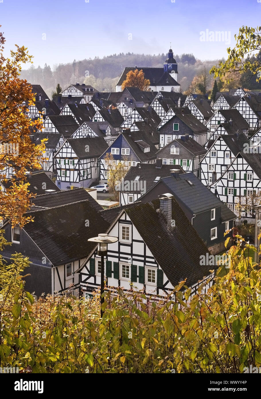Modifier Vacances, centre-ville historique avec ses maisons à colombages en automne, Freudenberg, Allemagne Banque D'Images
