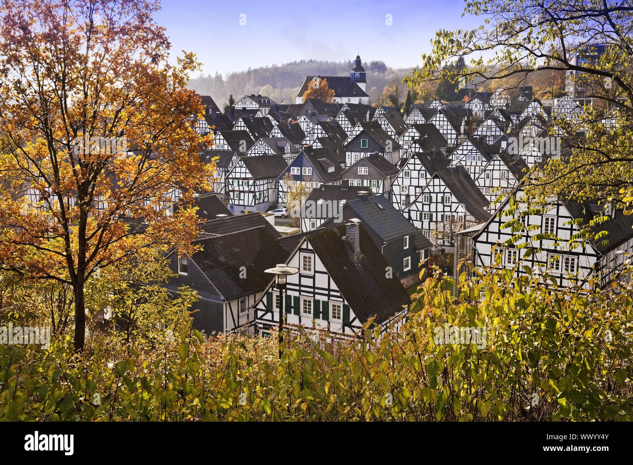 Modifier Vacances, centre-ville historique avec ses maisons à colombages en automne, Freudenberg, Allemagne Banque D'Images