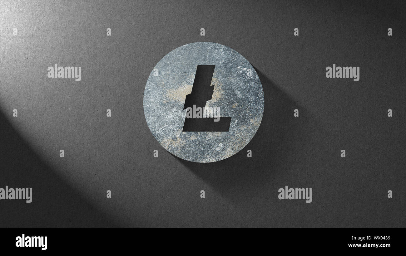 Litecoin icône faite de pierre sur un fond sombre. Blockchain cryptocurrencies Concept, Banque D'Images