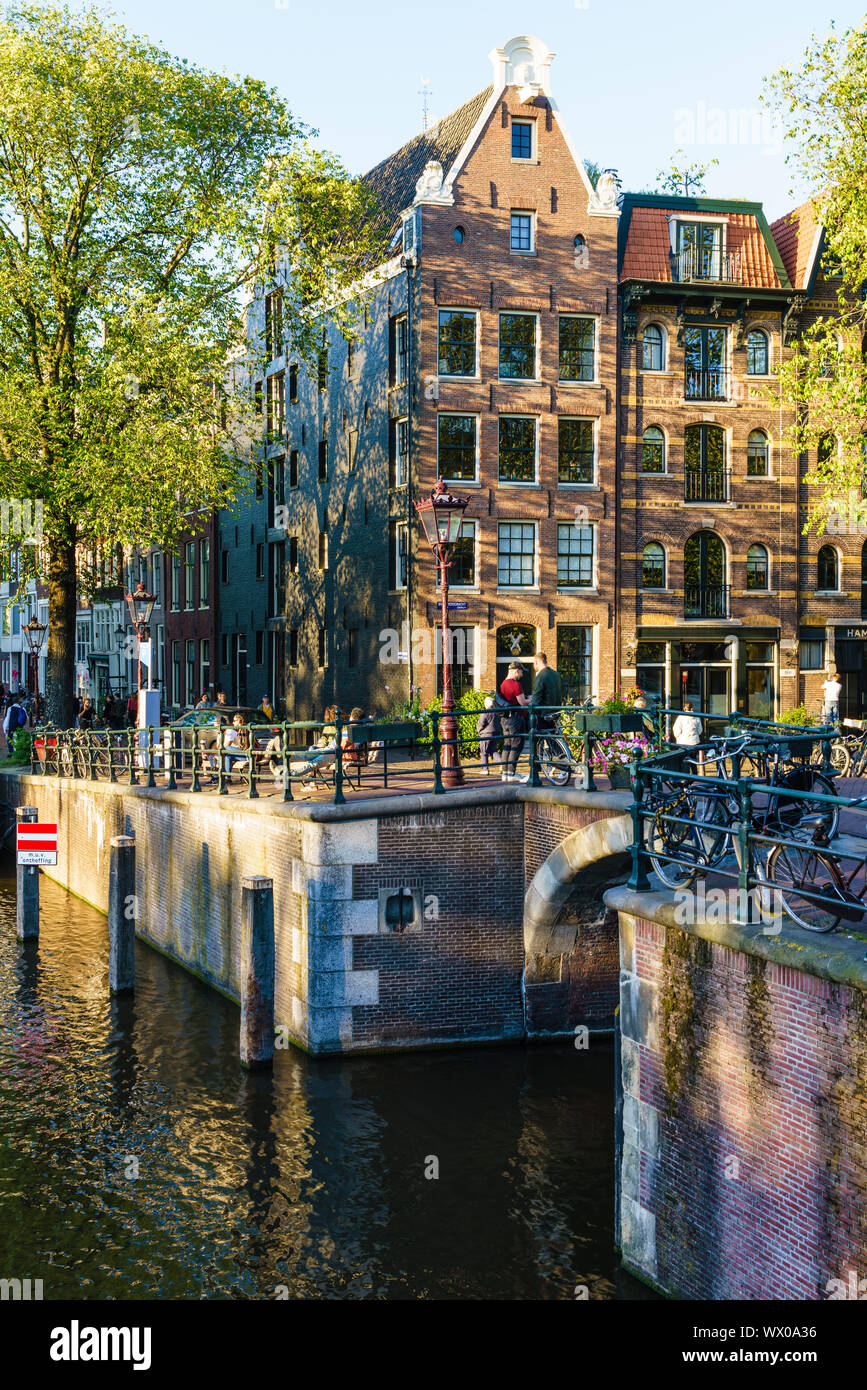 Heure d'or lumière sur de vieux immeubles à pignons, Brouwersgracht, canal, Amsterdam, Hollande du Nord, les Pays-Bas, Europe Banque D'Images