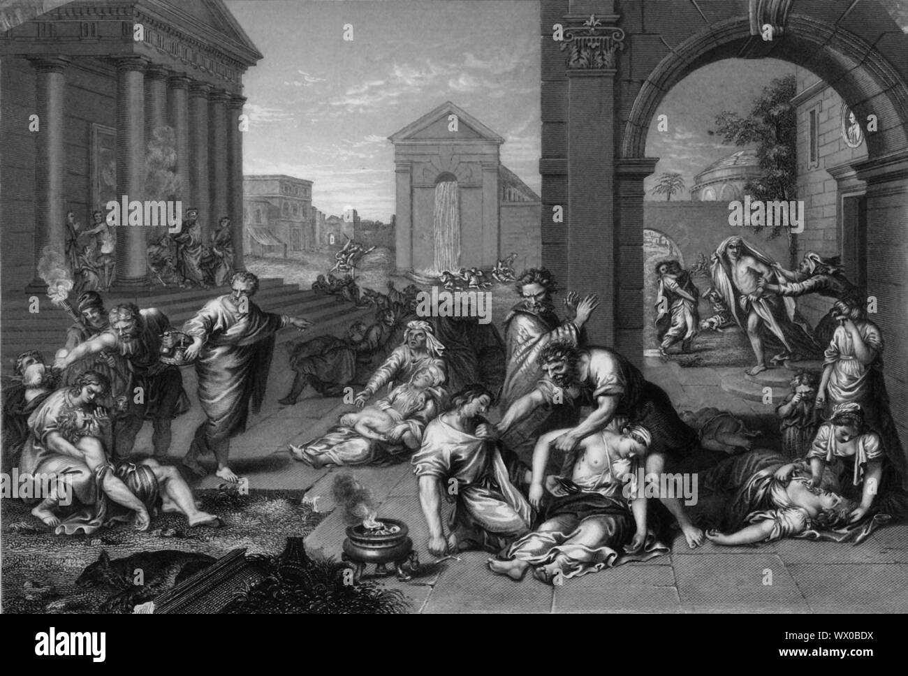 "L'Éternel envoya la peste en Israël", 1841. Scène biblique, à partir de 2 Samuel 24 : 15 : "l'Éternel envoya la peste en Israël depuis le matin jusqu'au temps fixé ; et il mourut du peuple, depuis Dan jusqu'à Beer Schéba, soixante-dix mille hommes." La peste des Philistins à Ashdod : les morts et les mourants gisant dans les rues après que Dieu a envoyé une peste qui a tué 70 000. La femme dans le centre a du sang ou du pus suintant de son aisselle. - Gonflement douloureux bubons dans les cuisses, le cou, les aisselles ou l'aine - sont un symptôme de la peste bubonique. Après une gravure 17e siècle, œuvre de Pierre Mignar Banque D'Images