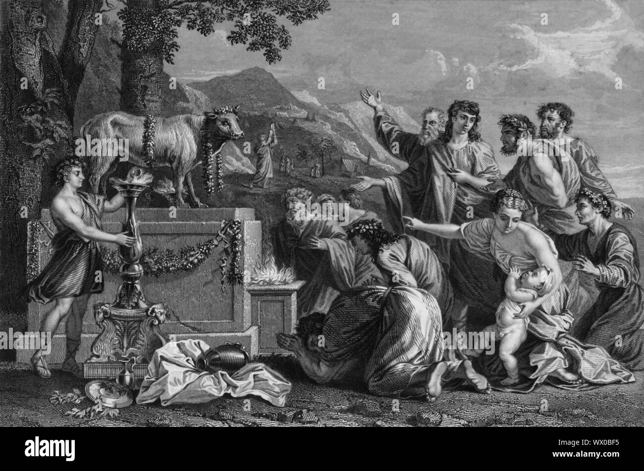 'Ils se sont fait un veau de fonte et ont adoré", 19e siècle. Scène biblique, à partir d'Exode 32 : 8 : "Ils ont mis de côté rapidement hors de la voie que je leur avais commandé : ils se sont fait un veau de fonte, et se sont prosternés devant elle, et fit pour lui ont sacrifié, et dit : Voici tes dieux, Ô Israël, qui t'ai fait monter du pays d'Égypte." Les Israélites, par crainte d'un retour de Moïse au Mont Sinaï, fait une 'image taillée" provenant de la fonte des bijoux en or, en violation de l'les instructions de Dieu. Après la gravure "l'adoration du veau d'or', un pai du début du 17ème siècle Banque D'Images