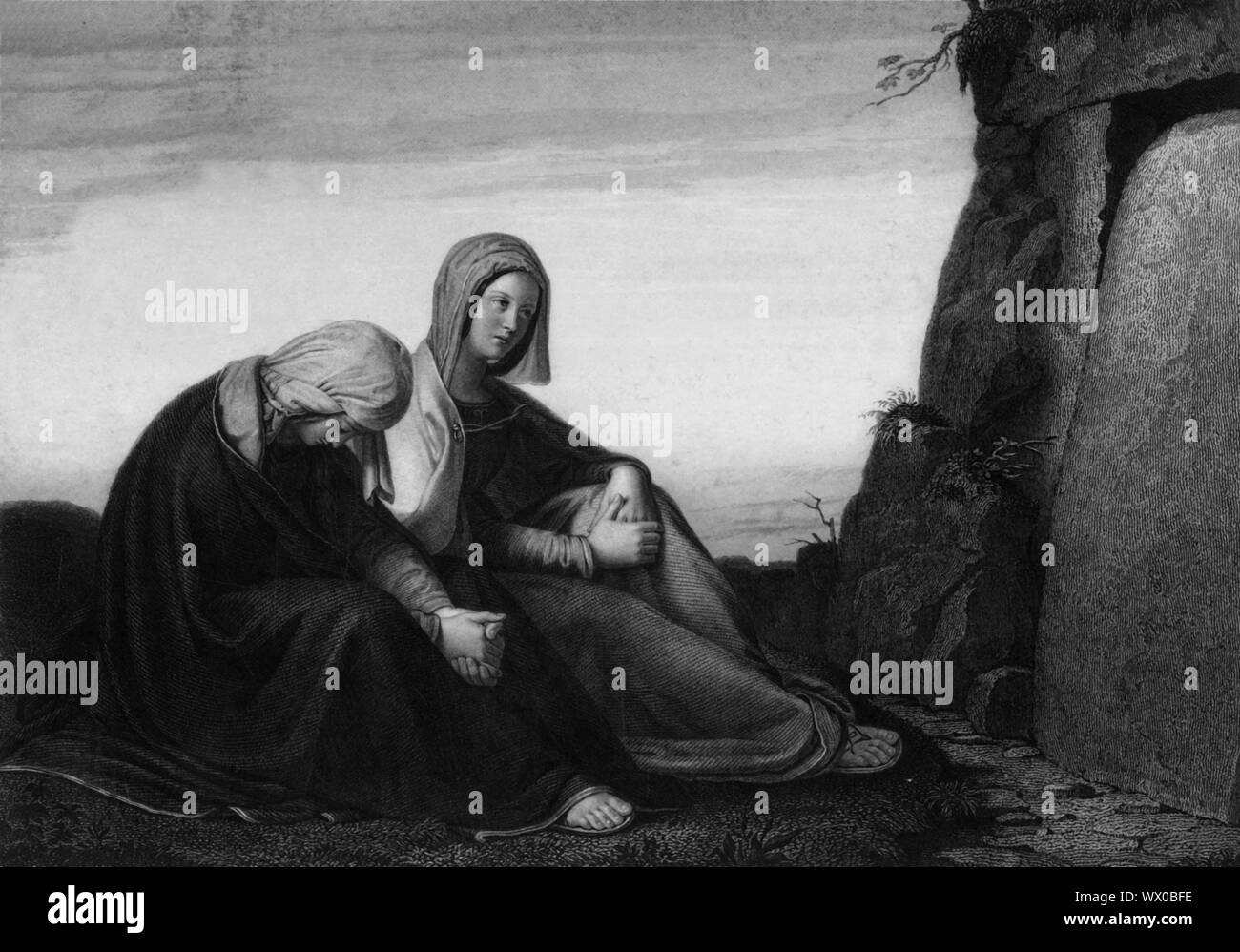 'Voici le lieu où on l'avait mis", 19e siècle. Scène biblique, à partir de Marc 16 : 6 : "Et il leur dit : ne pas être effrayé : vous cherchez Jésus de Nazareth, qui a été crucifié ; il est ressuscité, il n'est pas ici ; voici le lieu où on l'avait mis". La Vierge Marie et Marie Madeleine au tombeau du Christ. Le corps de Jésus a été scellé dans un tombeau après sa crucifixion, mais il a été trouvé à être vide après que Dieu l'a ressuscité des morts. Après une gravure début-milieu du xixe siècle la peinture par Philipp Veit. Banque D'Images