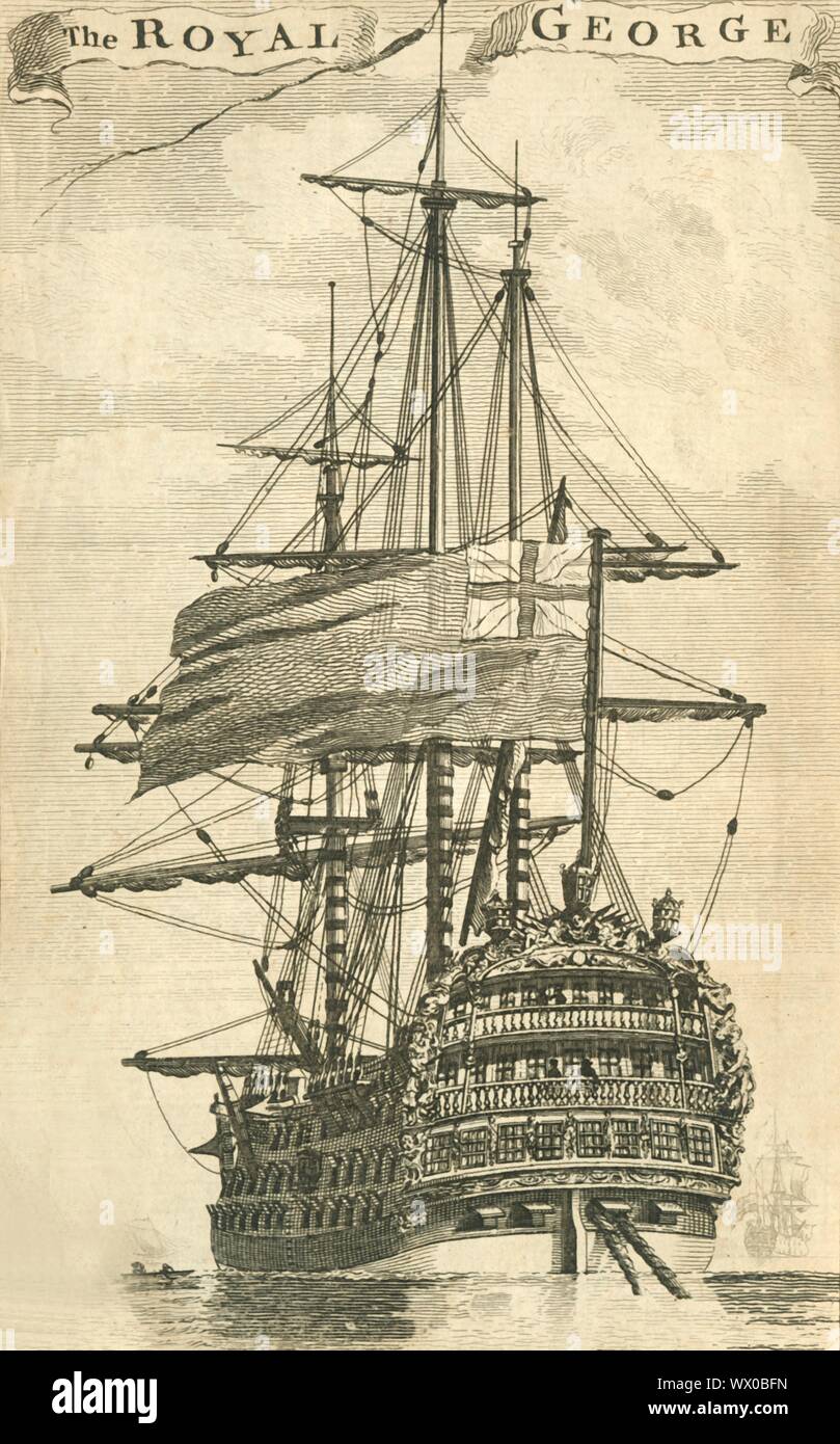 'The Royal George', 1756. Le navire anglais "HMS Royal George', construit à Woolwich Arsenal, à Londres, a été lancé le 18 février 1756. Le plus grand navire de guerre dans le monde à l'époque, le 'George' a coulé le 29 août 1782 lors de travaux d'entretien alors qu'ancré à Portsmouth. Plus de 800 personnes ont perdu la vie, l'une des plus graves pertes maritimes de se produire dans les eaux britanniques. [Gravé pour le Magazine Général Arts &AMP ; Sciences de l'W Owen de Temple Bar [Londres], 1756] Banque D'Images