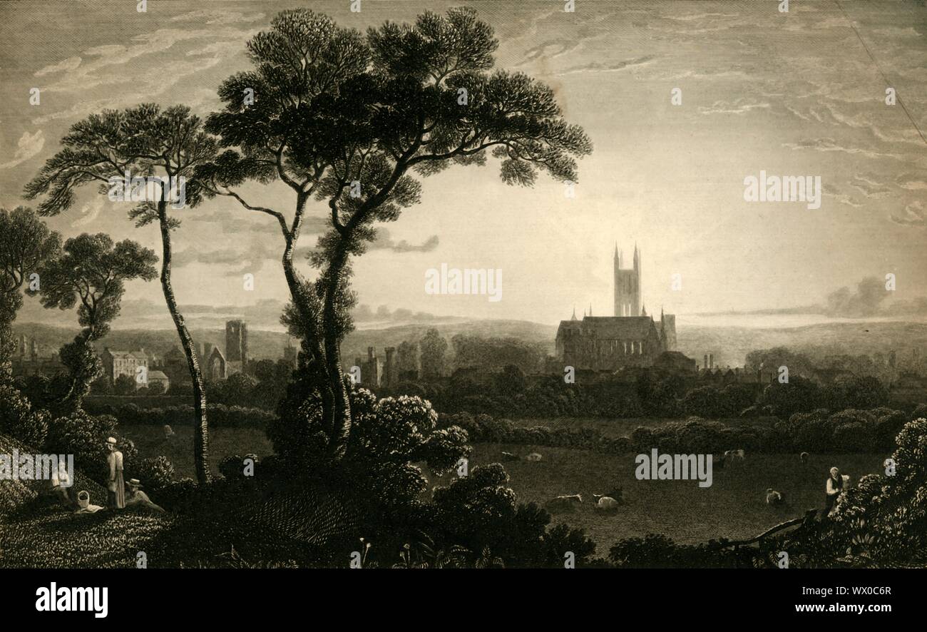 'Vue de l'Est de la ville de Canterbury', c1837. Le soleil se lever derrière la cathédrale de Canterbury, dans le Kent. Banque D'Images