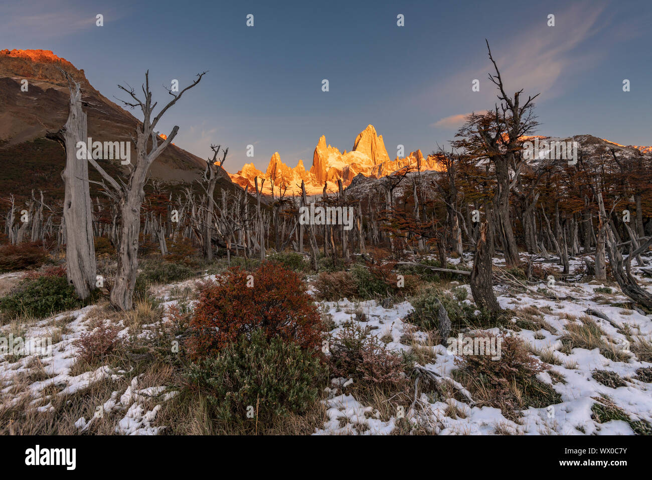 Gamme de montagne avec le Cerro Torre et Fitz Roy en automne avec la neige, le Parc National Los Glaciares, UNESCO, Province de Santa Cruz, Patagonie, Argentine Banque D'Images