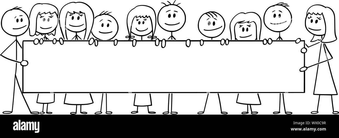 Vector cartoon stick figure dessin illustration conceptuelle du groupe d'enfants souriants ou enfants, garçons et filles maintenant l'ensemble vide grand signe horizontal. Illustration de Vecteur