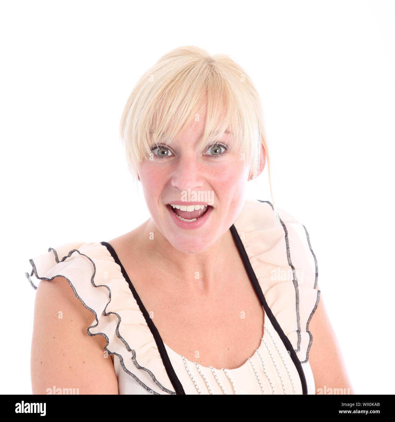 Portrait of cheerful blonde woman on white background Banque D'Images
