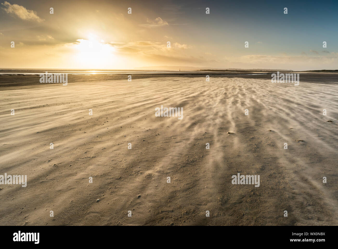 Des vents forts sur Camber Sands Beach, East Sussex, Angleterre, Royaume-Uni, Europe Banque D'Images