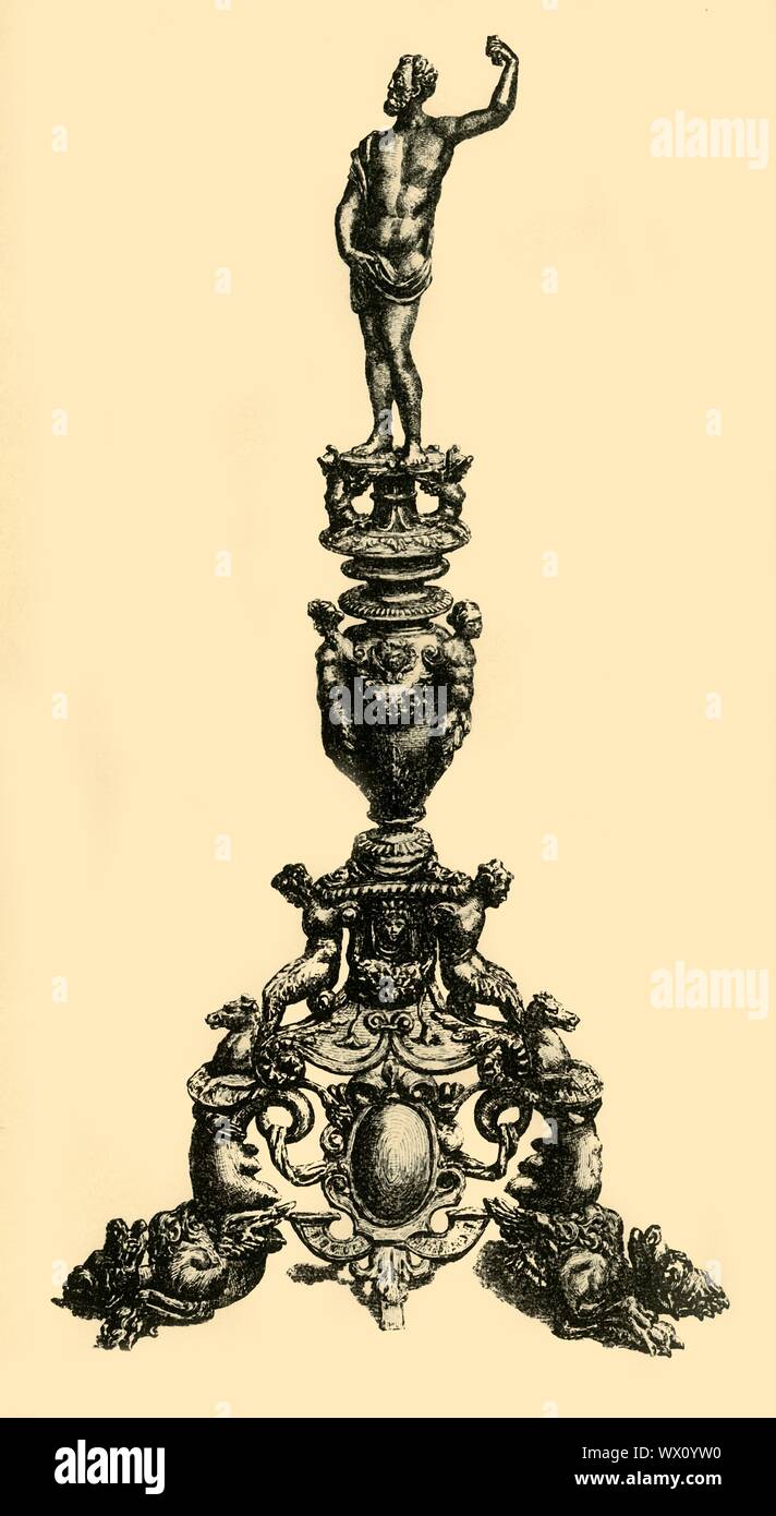 Jupiter, firedog, fin du 16e siècle, (1881). D'une gravure firedog bronze sous la forme du dieu romain Jupiter, l'un d'une paire faite c1570-1600 par Giuseppe de Levis à Vérone, Italie. Chenets ont servi à soutenir la combustion de bois dans un feu ouvert. À partir de "le South Kensington Museum", un livre d'illustrations gravées, avec des descriptions, des oeuvres d'art de la collection du Victoria & Albert Museum, à Londres (anciennement connu sous le nom de South Kensington Museum). [Sampson Low, Marston, Searle et Rivington, Londres, 1881] Banque D'Images