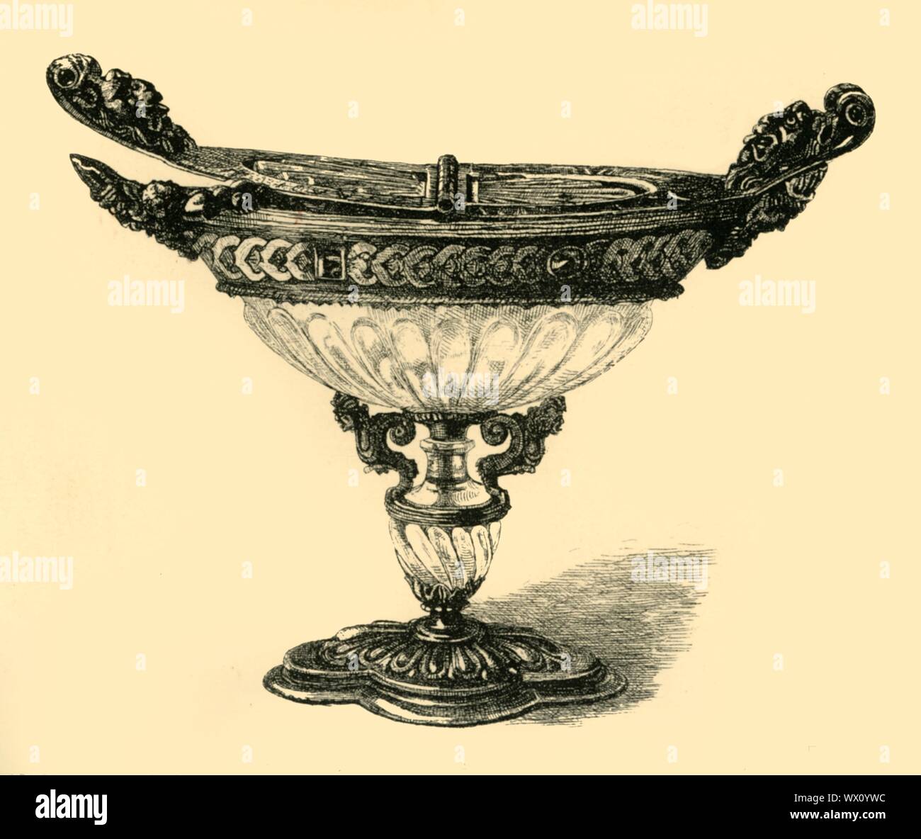 L'encens bateau, 1550-1600), (1881). Eau-forte d'un conteneur en forme de bateau utilisé pour stocker l'encens utilisés dans le rituel catholique. Il est fait de cristal de roche avec supports d'argent, partiellement doré, décoré de pierres précieuses, et a été réalisé à la mi-fin du 16e siècle, probablement en Italie. À partir de "le South Kensington Museum", un livre d'illustrations gravées, avec des descriptions, des oeuvres d'art de la collection du Victoria & Albert Museum, à Londres (anciennement connu sous le nom de South Kensington Museum). [Sampson Low, Marston, Searle et Rivington, Londres, 1881] Banque D'Images