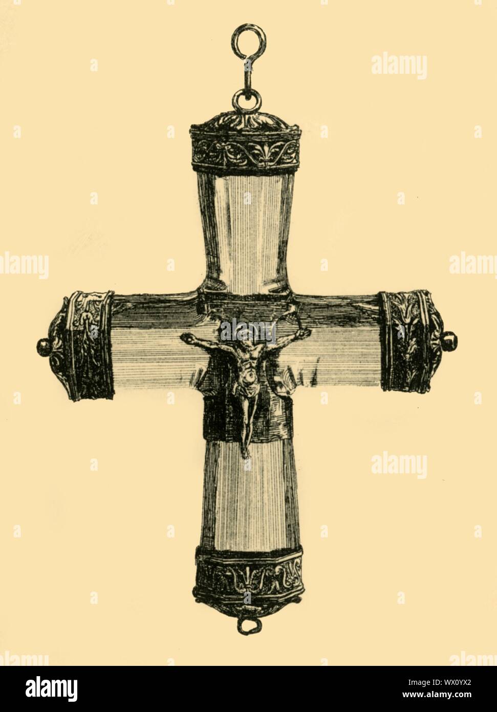 Crucifix en cristal, c1550, (1881). Gravure d'une croix de cristal de roche, quelque part en Europe de l'ouest au milieu du xvie siècle. Les supports et la petite figure du Christ crucifié sont d'argent doré. À partir de "le South Kensington Museum", un livre d'illustrations gravées, avec des descriptions, des oeuvres d'art de la collection du Victoria & Albert Museum, à Londres (anciennement connu sous le nom de South Kensington Museum). [Sampson Low, Marston, Searle et Rivington, Londres, 1881] Banque D'Images