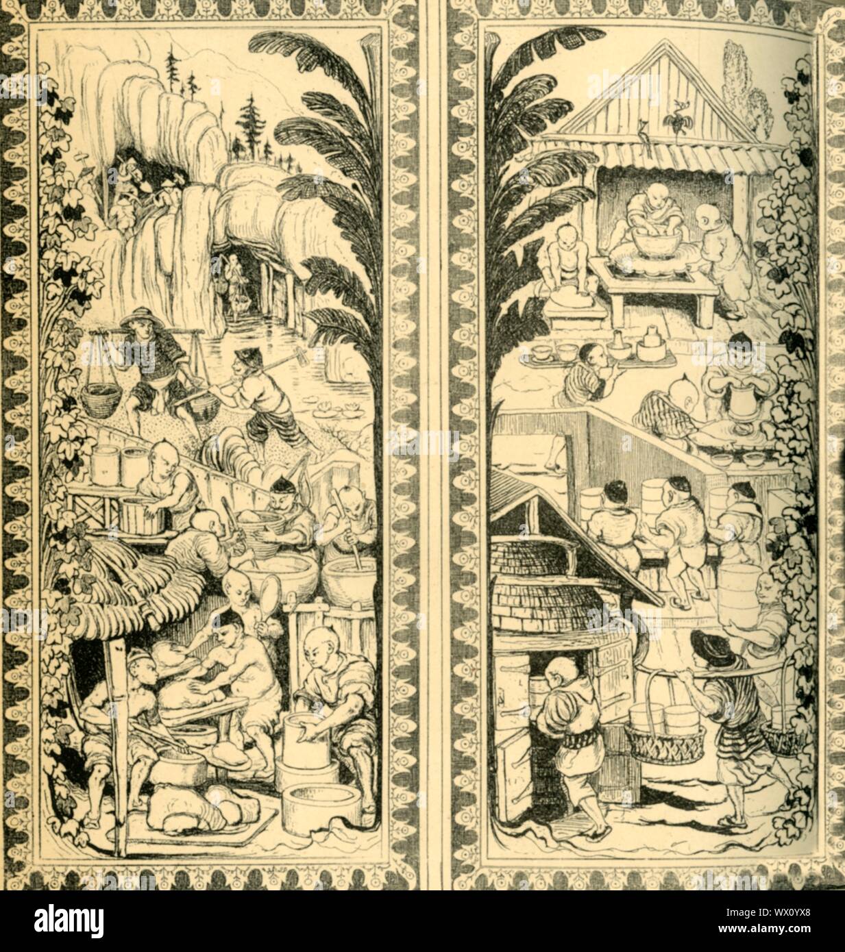 Les potiers chinois au travail, la conception de vitrail, c1870, (1881). "Deux panneaux de Windows dans la galerie du Musée de la Poterie contenant' dans le South Kensington Museum, par William Bell Scott. L'un des quatorze vitraux dans la galerie Céramique, illustrant l'idée de Scott en céramique de fabrication en Chine : portant l'argile dans les chapes, le mélange des glaçures, pétrissage, jetant sur une roue, la poterie de chargement dans un four. À partir de "le South Kensington Museum", un livre d'illustrations gravées, avec des descriptions, des oeuvres d'art de la collection du Victoria & Albert Museum à Lon ; Banque D'Images