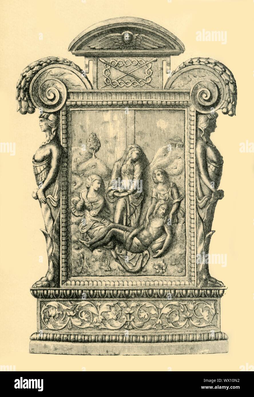 Plaque d'argent, 16e siècle ?, (1881). Eau-forte d'une parcelle-plaque doré représentant la déposition de la Croix, fabriquée en Espagne, peut-être au 16ème siècle. L'image centrale montre deux figures féminines soutenant le corps du Christ après la Crucifixion, avec l'article figure de sa mère, Marie, dans le centre. La plaque peut avoir été à l'origine partie d'une croix de procession, retable ou cercueil. À partir de "le South Kensington Museum", un livre d'illustrations gravées, avec des descriptions, des oeuvres d'art de la collection du Victoria & Albert Museum, à Londres (anciennement connu sous le nom de Banque D'Images