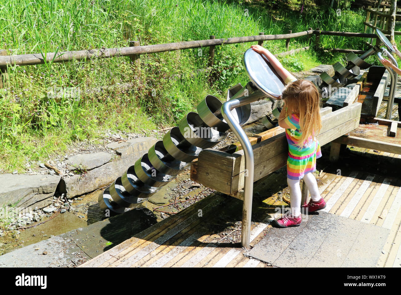 Une petite fille l'exploitation d'une vis d'Archimède à Whinlatter dans le  Lake District, Cumbria, Royaume-Uni Photo Stock - Alamy