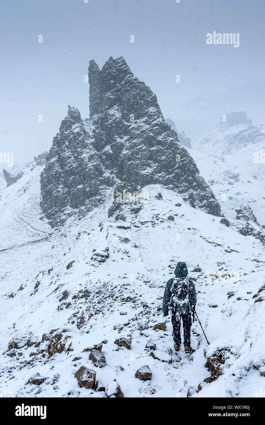 Une approche d'un pinnacle rock walker dans une forte averse de neige, près de l'ancien homme de Storr, Isle of Skye, Scotland, UK Banque D'Images