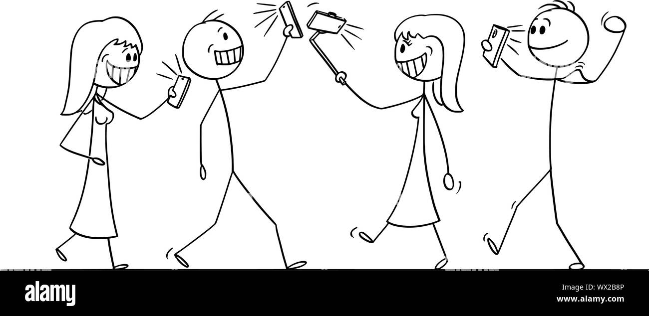 Vector cartoon stick figure dessin illustration conceptuelle de foule ou d'un groupe de personnes à pied avec les téléphones mobiles et en tenant. selfies Illustration de Vecteur