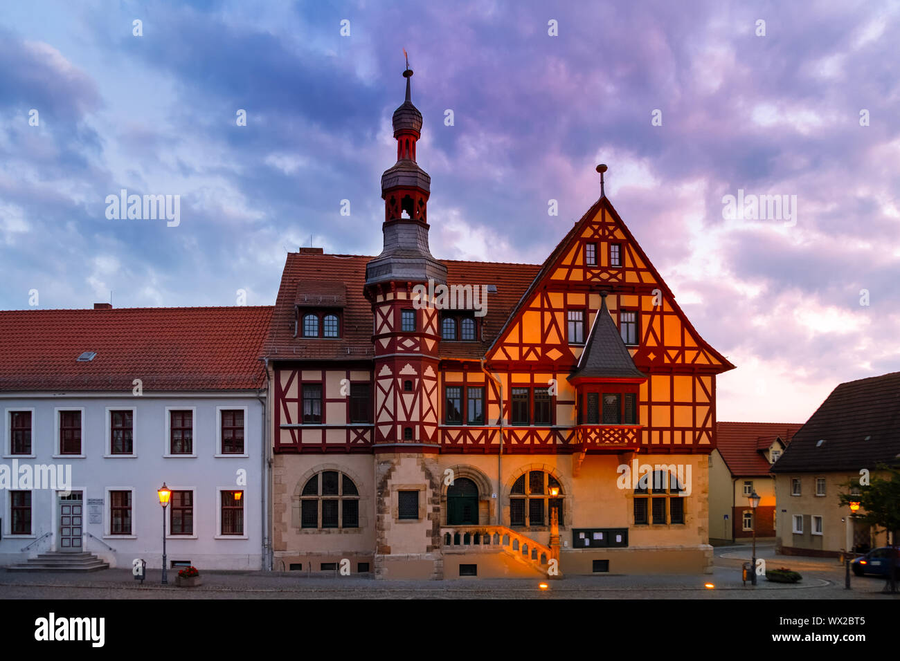 Mairie historique Harzgerode dans le coucher du soleil Banque D'Images