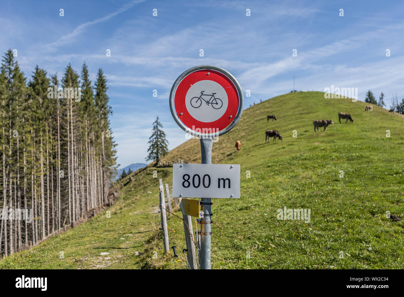 Signe d'interdiction, pas de bicyclettes, Gummenalp, Nidwald, Suisse Banque D'Images
