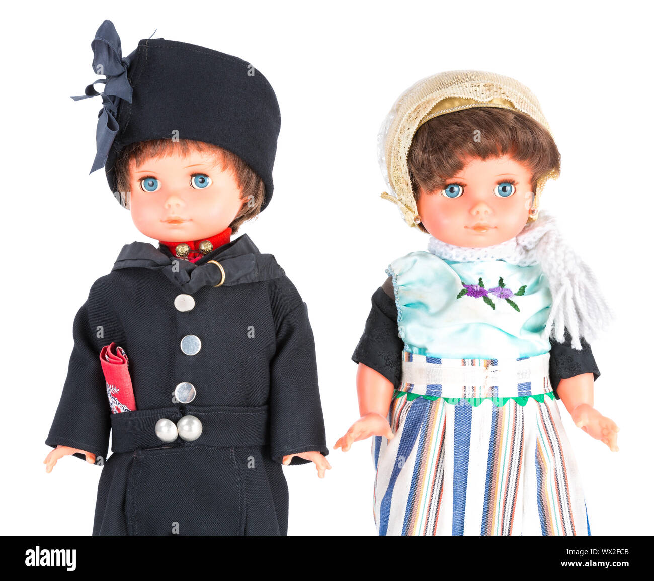 Deux marionnettes avec les vêtements traditionnels d'Urk, un village de pêcheurs aux Pays-Bas Banque D'Images