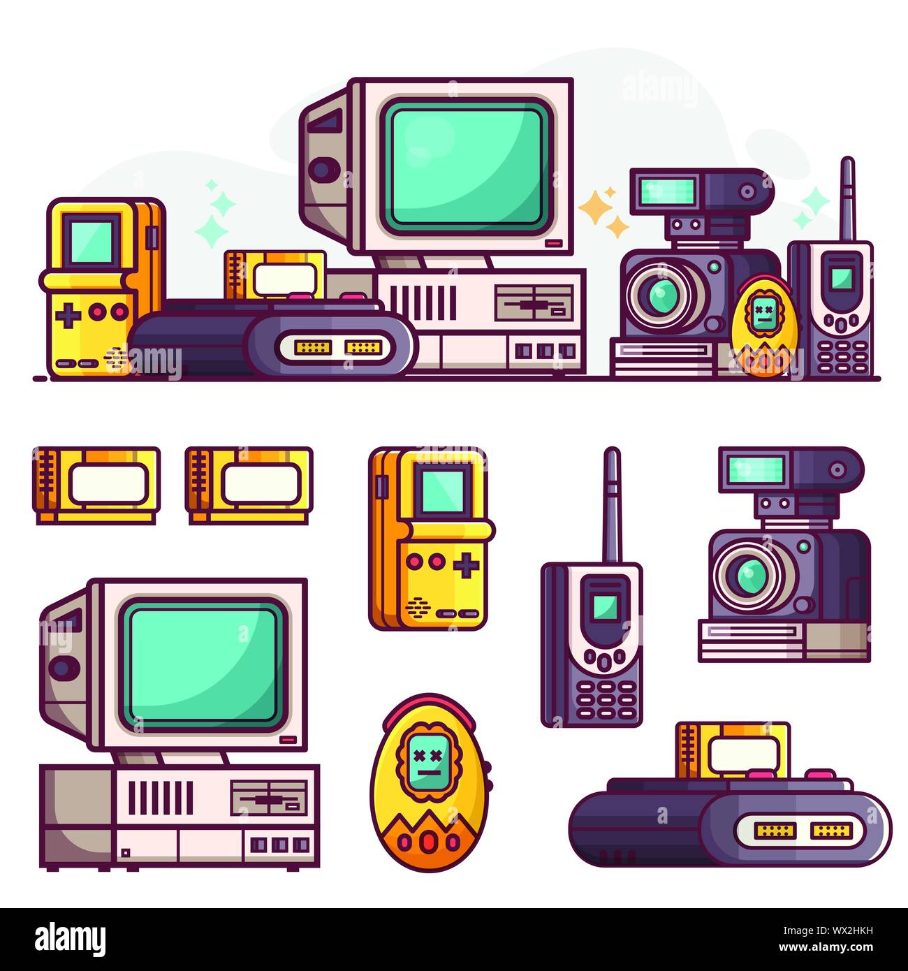 Vintage Tech et appareils électroniques Icons Set Illustration de Vecteur