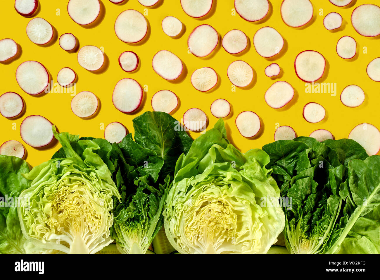 Modèle biologique de clices créatif de radis vert et moitiés de diférents types de salade - romaine, iceberg sur une zone jaune Banque D'Images Modèle biologique de clices créatif de radis vert et moitiés de diférents types de salade - romaine, iceberg sur une zone jaune Banque D'Images