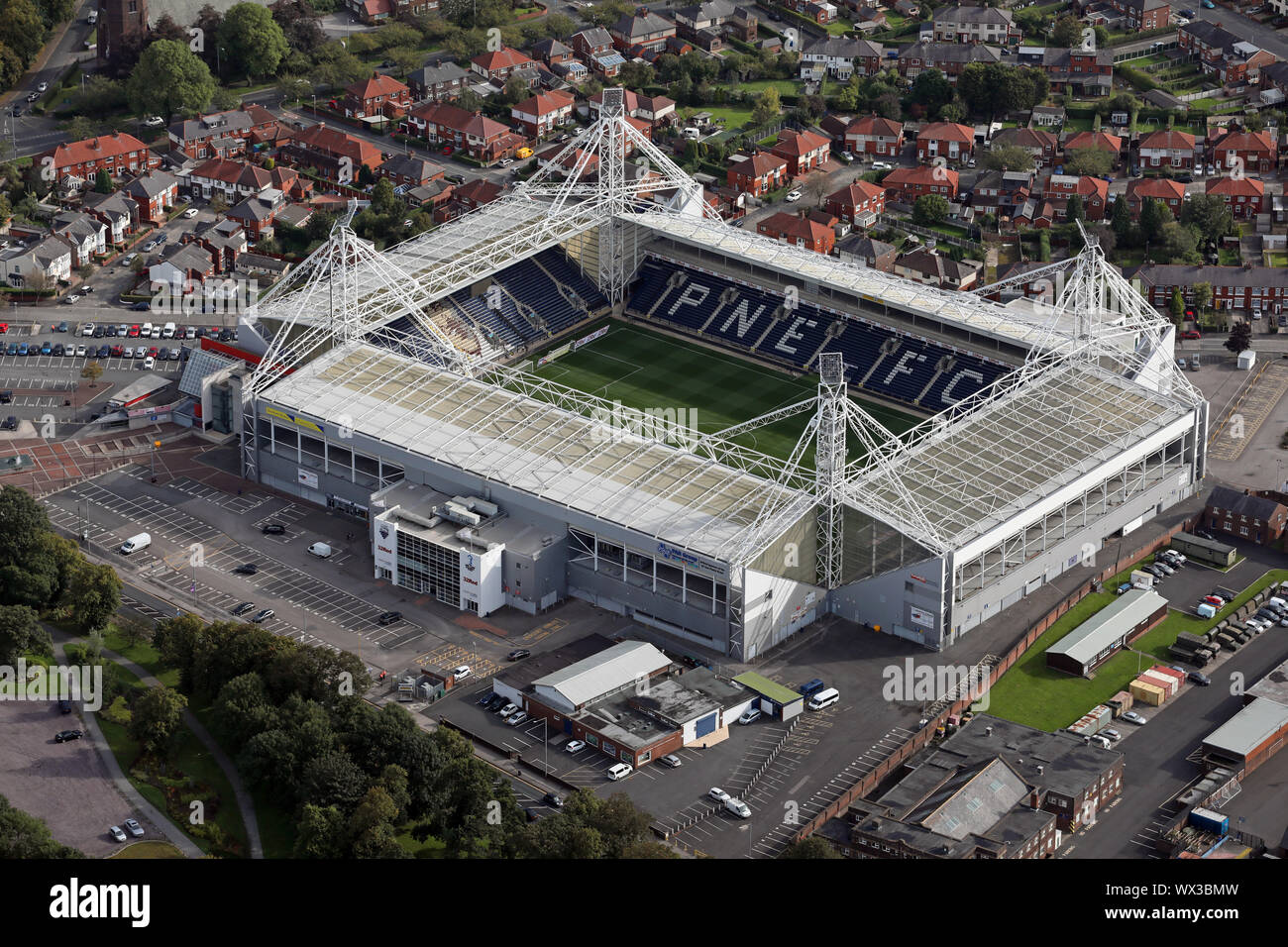 Vue aérienne de Deepdale Stadium - terrain de football de Preston North End Banque D'Images
