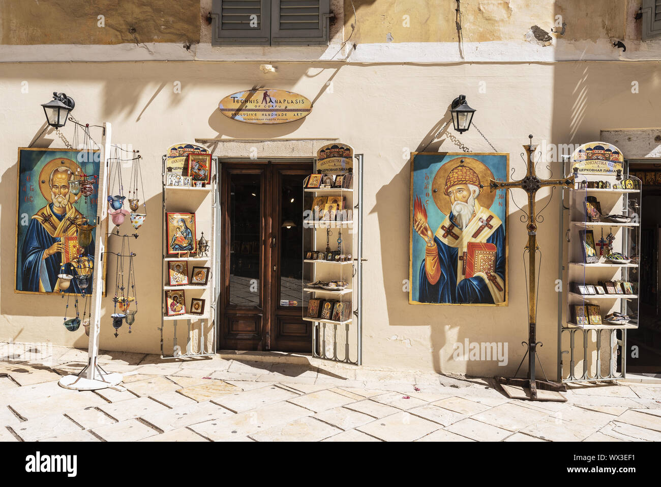 Objets de dévotion, boutique, vieille ville, Kerkyra, Corfou, Grèce, Europe Banque D'Images