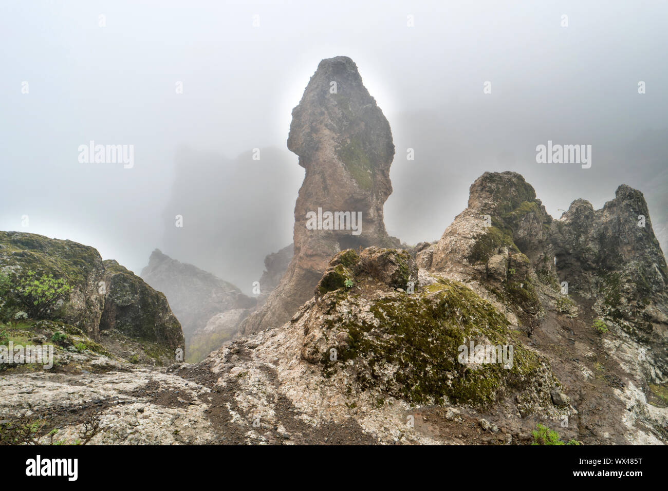 Paysage de montagne à pic dans le brouillard Banque D'Images