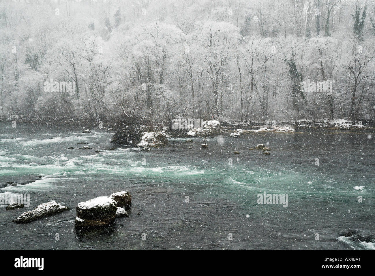 Forêt et rivière paysage d'hiver avec de fortes chutes de neige Banque D'Images